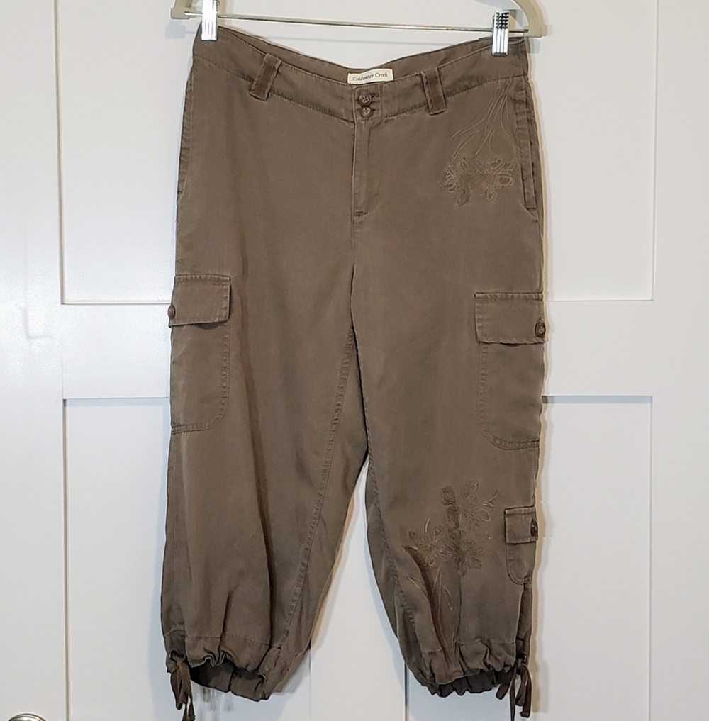 Coldwater Creek Tencel Embroidered Cargo Cropped Pants Machine Wash Sz 8P Brown